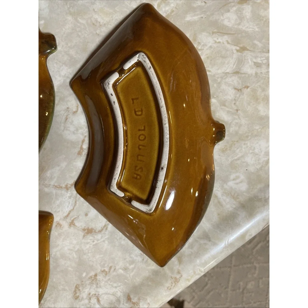 Vintage MCM ceramic lazy susan relish dish set leaf‎ or acorn green brown glaze